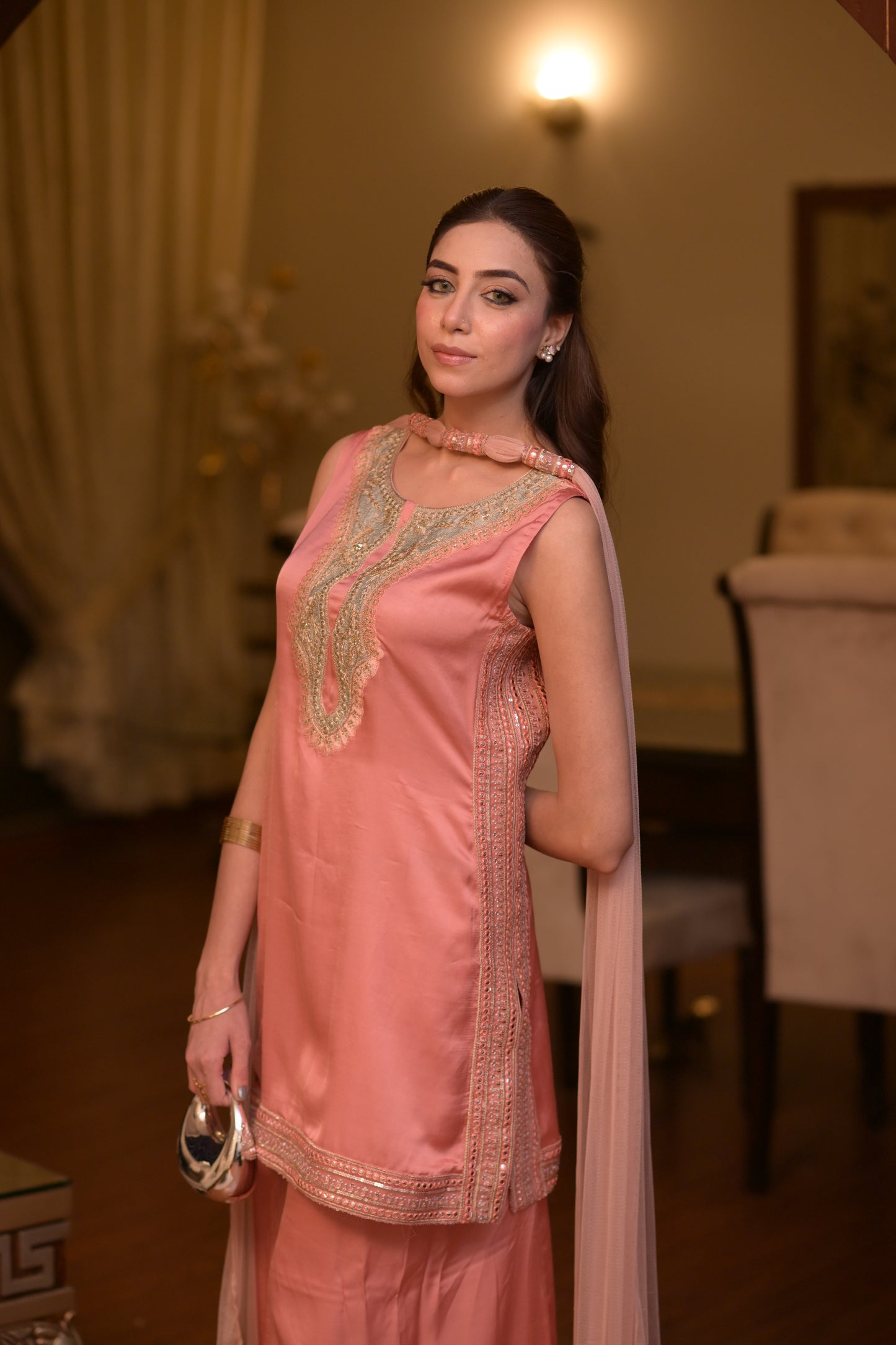 Zareen – Coral Silk Sharara Set