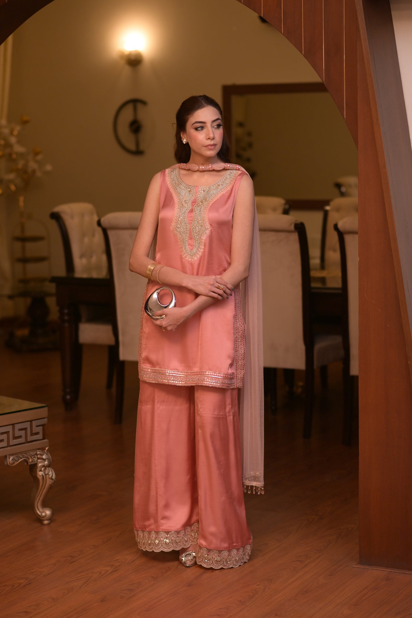 Zareen – Coral Silk Sharara Set