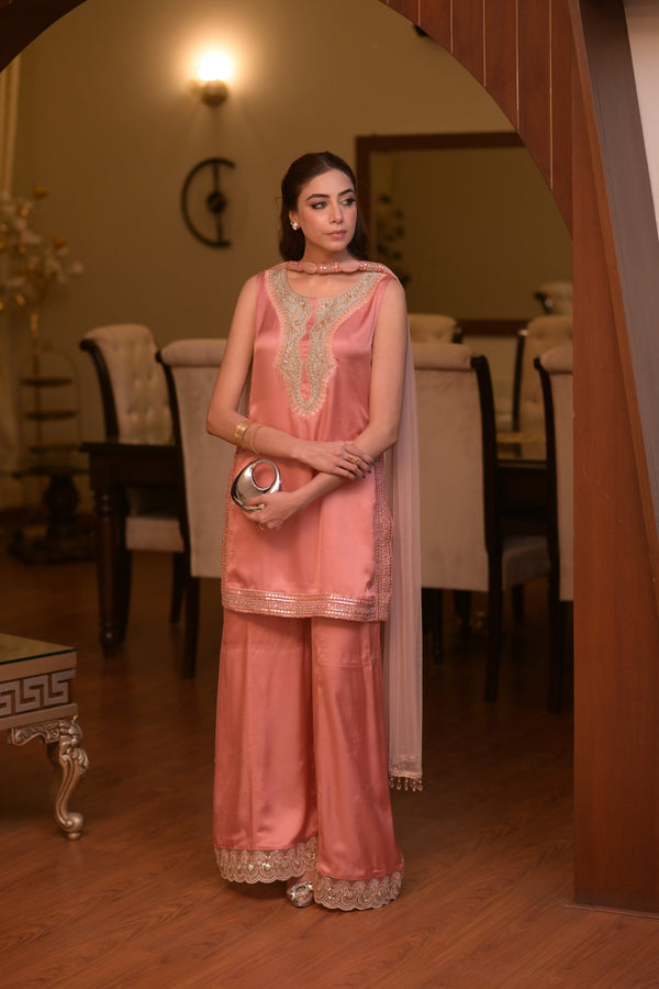 Zareen – Coral Silk Sharara Set